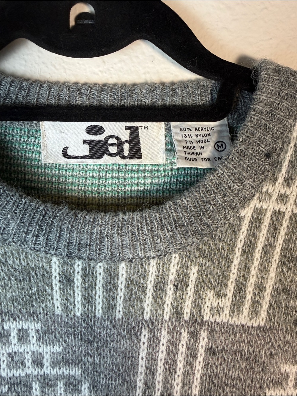 Vintage JED Sweater Mens Medium Grey Geometric Abstract Knit Wool Blend Pullover - Picture 2 of 9